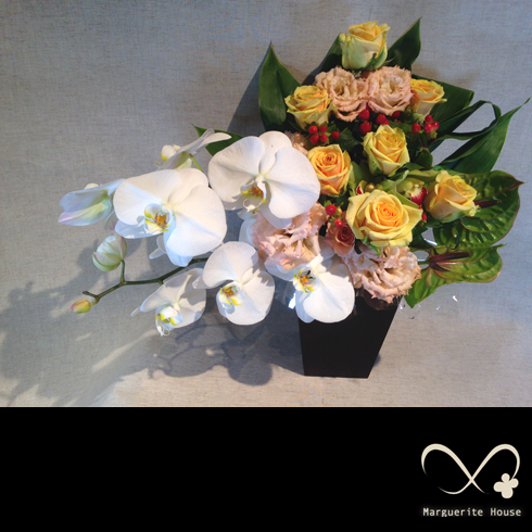 U様より奥様様へ結婚記念日に贈られた存在感のある胡蝶蘭を使った豪華なアレンジメント